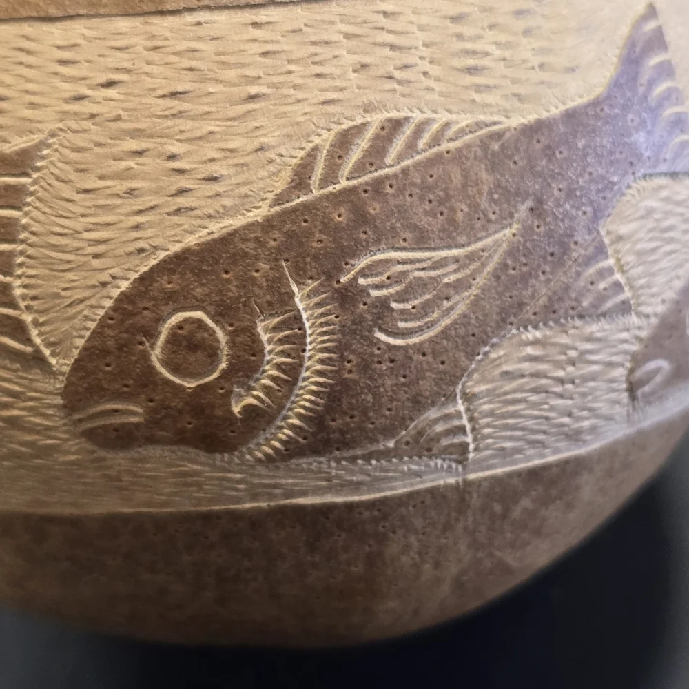 Hand Carved Gourd With Lid Small Folk Art Nautical Decor